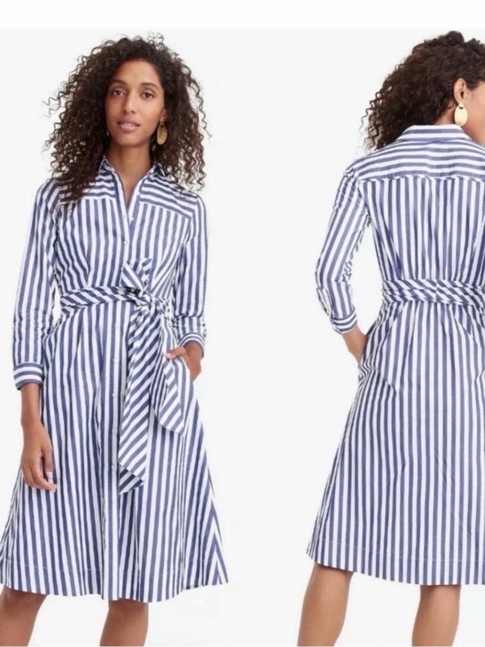 J. Crew 100% Cotton Navy/White Striped Midi Shirt Dress with Tie Waist Size 2